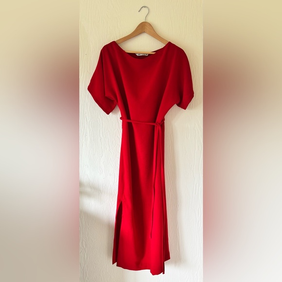 Zara Bright Red Midi Belted Side Zip Slit Short Sleeve Minimalist Slouch Dress - Picture 4 of 17